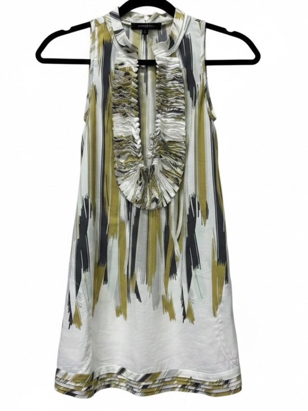 BCBGMAXAZRIA green and white Ruffle Front Tunic Top Size Small